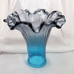 Murano Teal Blue Ombre Glass Ribbed Trumpet Vase Hand-Blown Art Glass 9" Tall